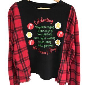Upcycled Holiday Flannel Shirt, Oversized Plaid Christmas Graphics, Size M-L